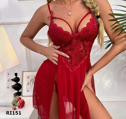Lencería bata blonda 2 piezas bata e hilo color rojo