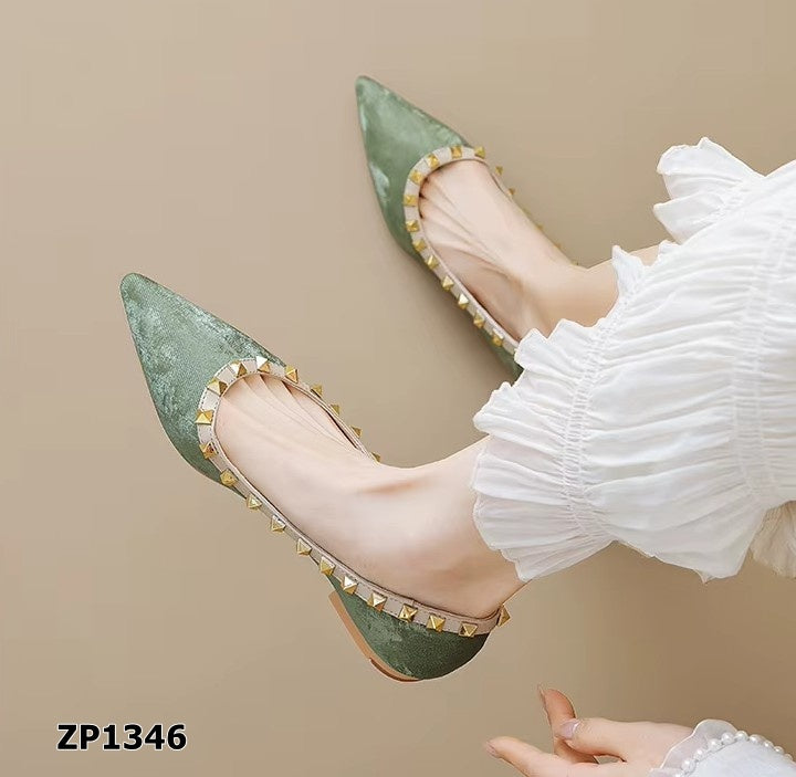 Zapato de tacón bajo flat color verde y beige
