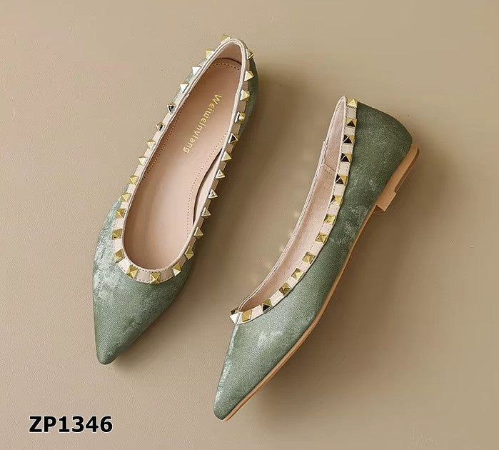 Zapato de tacón bajo flat color verde y beige