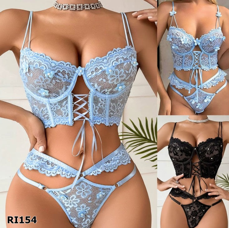 Lencería blonda 2 piezas color celeste