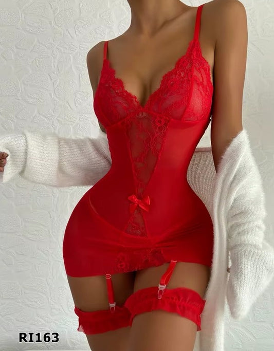 Lencería 4 piezas blonda y malla color rojo