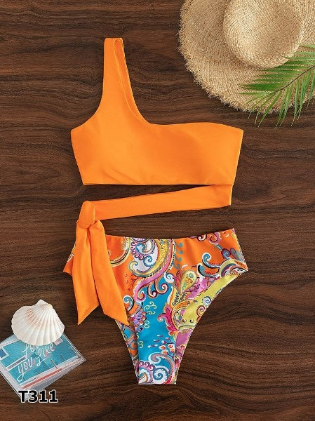 Traje de baño 2 piezas estampado color naranja