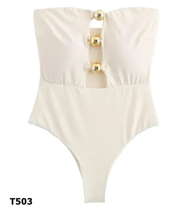 Traje de baño 1 pieza detalles dorados color blanco