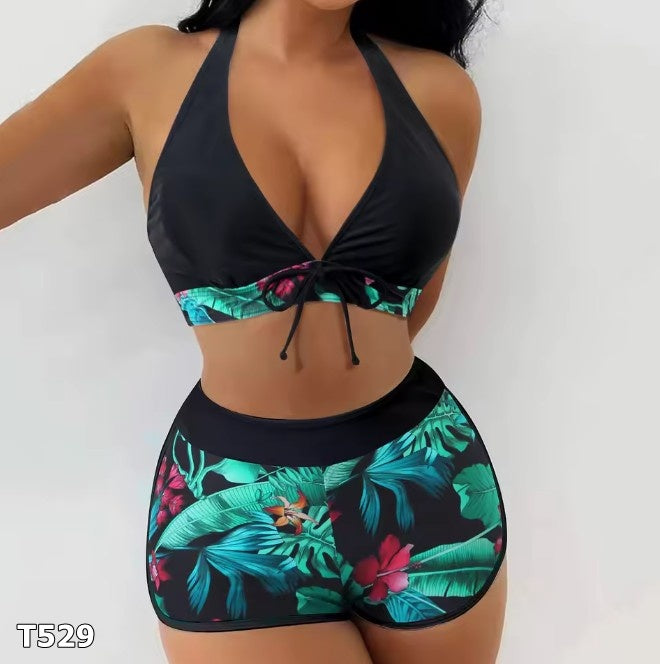 Traje de baño dos piezas negro con verde floreado