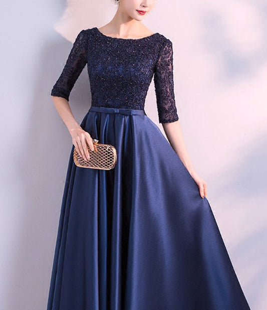 Vestido de Gala campana marino manga 3/4 color azul