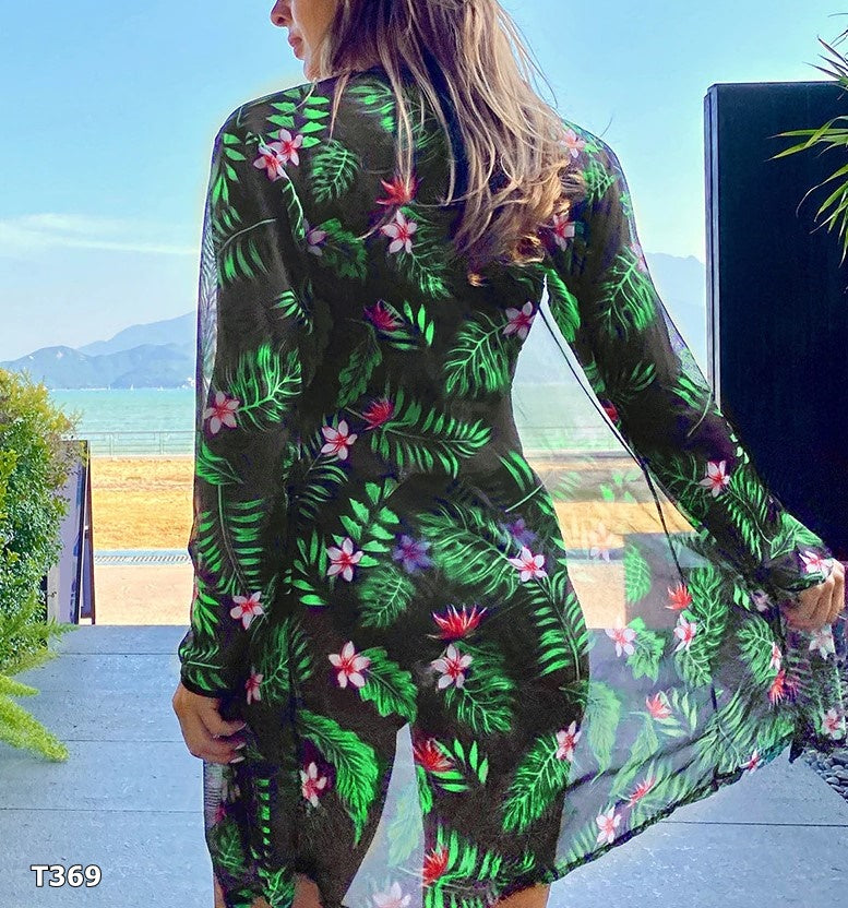 Traje de baño 3 piezas estampado color verde