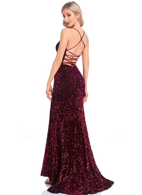 Vestido de Gala de tirantes corte sirena color rojo vino