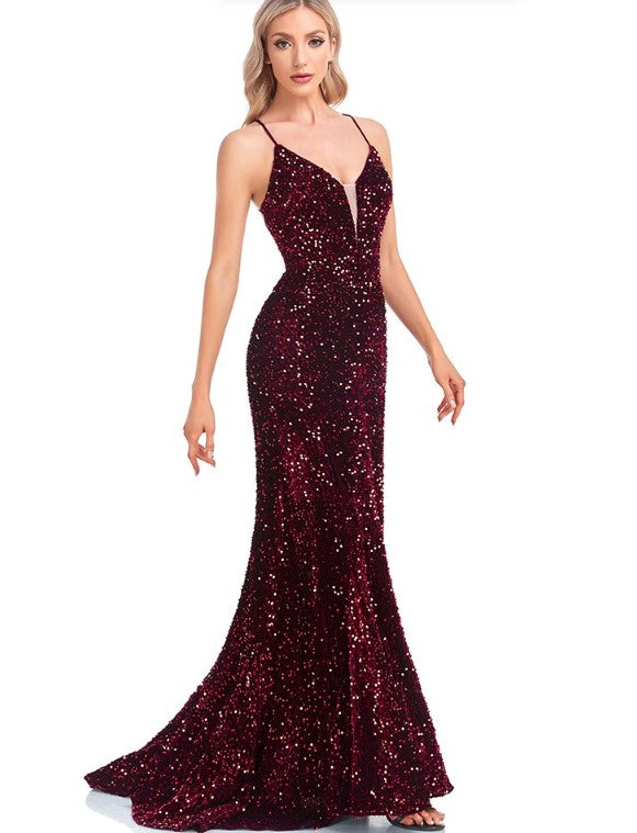 Vestido de Gala de tirantes corte sirena color rojo vino