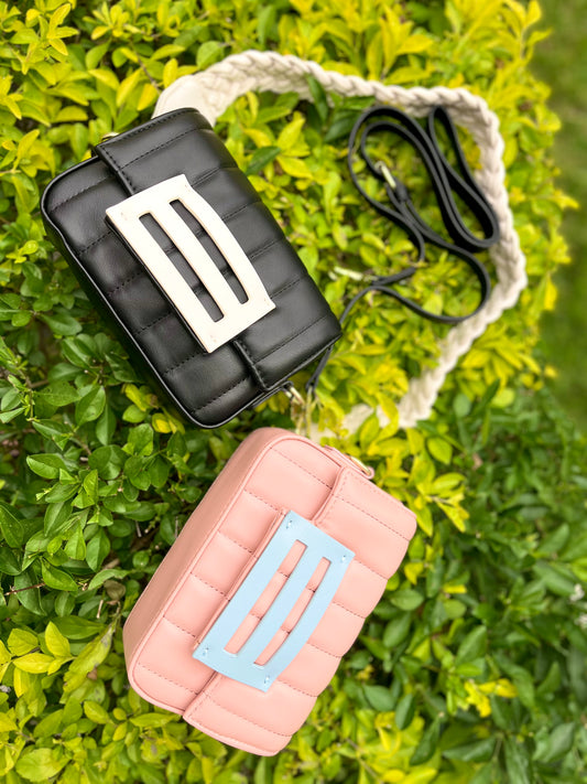 Bolso mini bag, shoulder y crossbody color rosa y negro