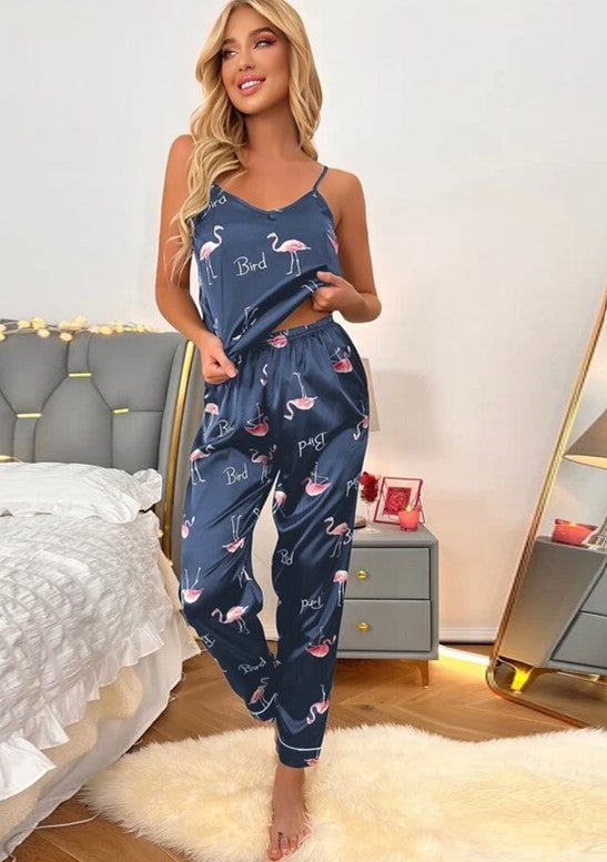 Pijama 2 piezas pantalón y blusa de tirantes azul oscuro flamencos