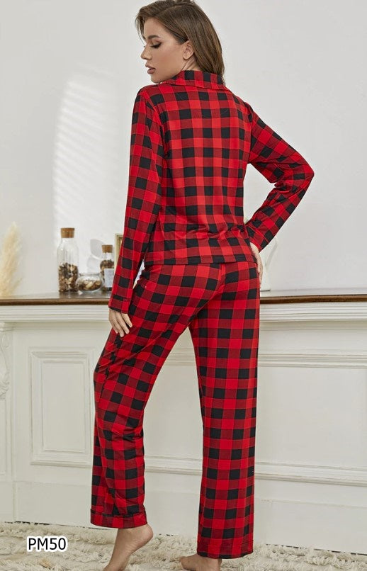 Pijama 2 piezas manga larga y pantalón cuadriculado color rojo