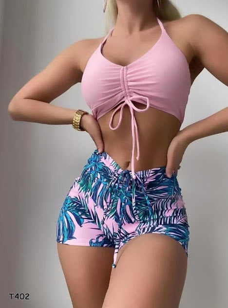 Traje de baño 2 piezas short estampado color rosa