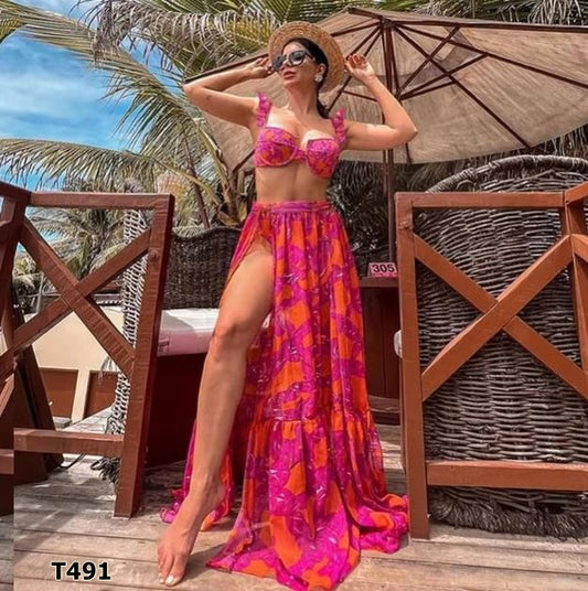 Traje de baño 3 piezas estampado color naranja y fucsia