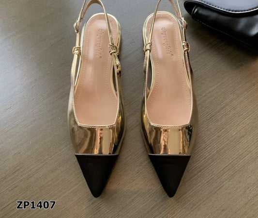 Zapato tacón bajo cuadrado color dorado con negro